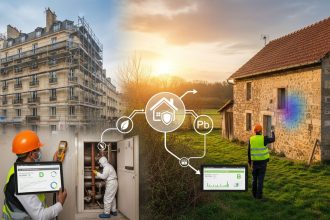 Vue d'un agent immobilier consultant des documents de diagnostics dans un bureau moderne