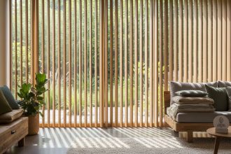 Store californien en bois tissé dans un intérieur lumineux et moderne