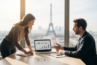 Freelance travaillant dans un café parisien avec ordinateur portable