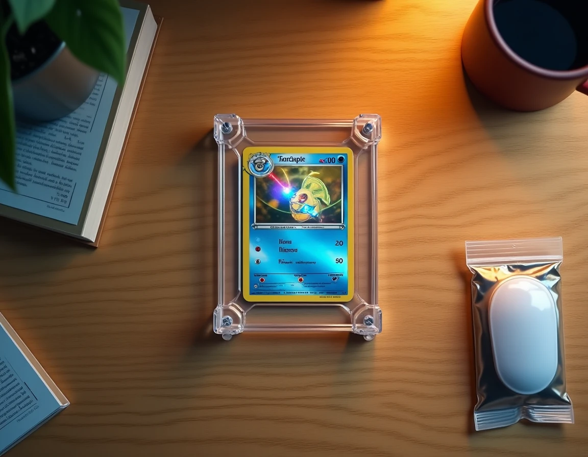 Vue à plat d'une carte Pokémon rare dans un étui acrylique rigide entouré d'accessoires de protection sur bois naturel