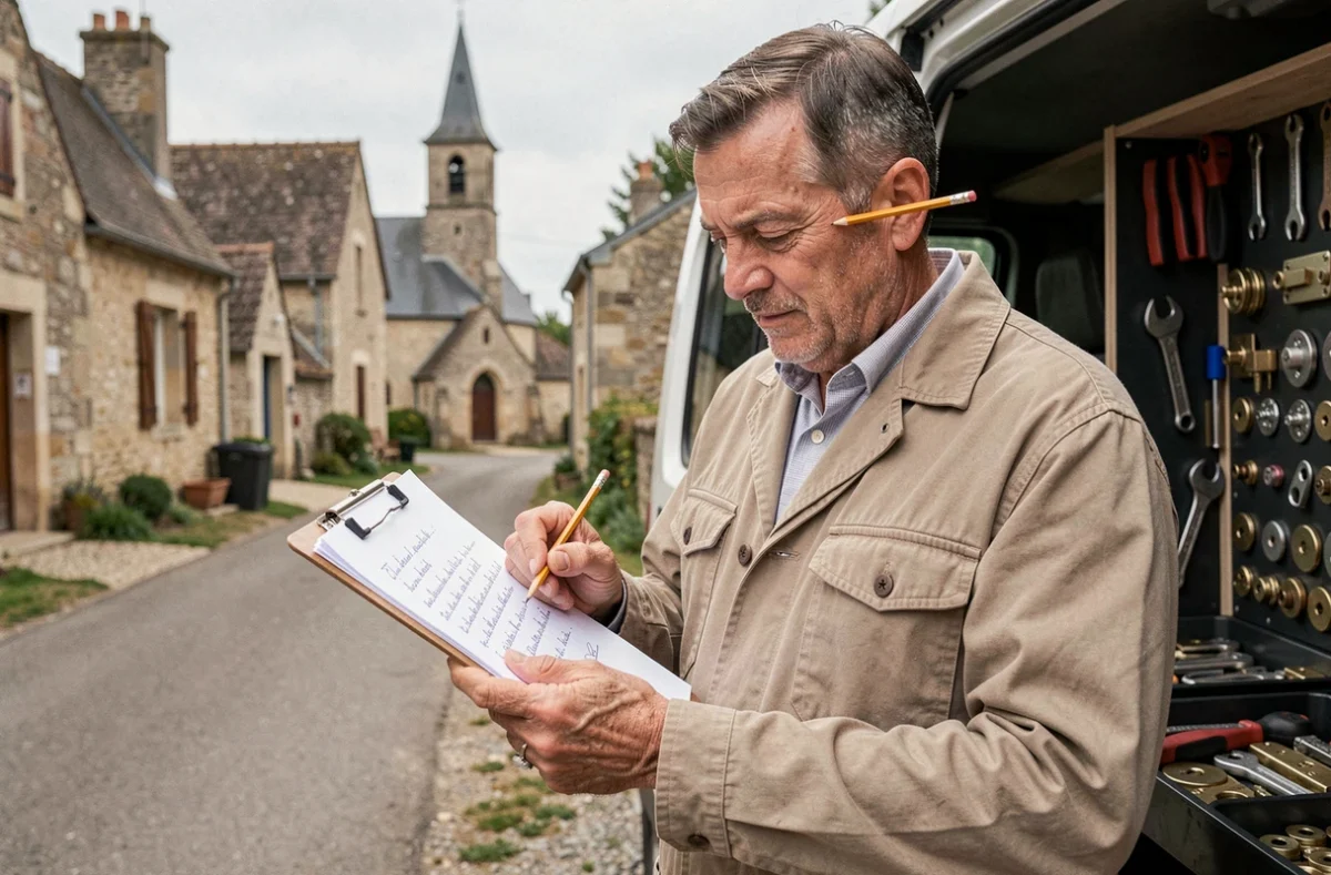 Artisan serrurier AD Serrurerie examinant un devis préalable devant son véhicule utilitaire en Charente