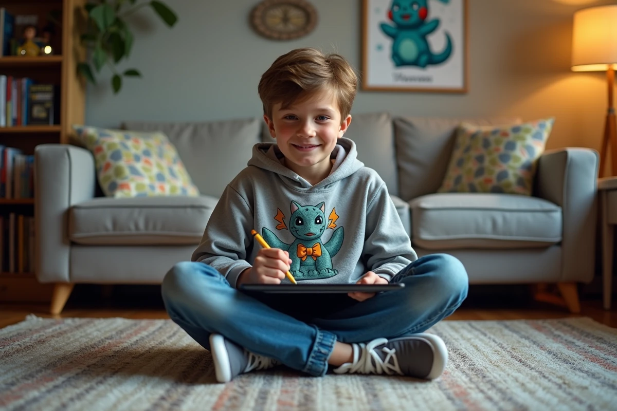 Adolescent en hoodie créant un dessin de Dracaufeu sur tablette