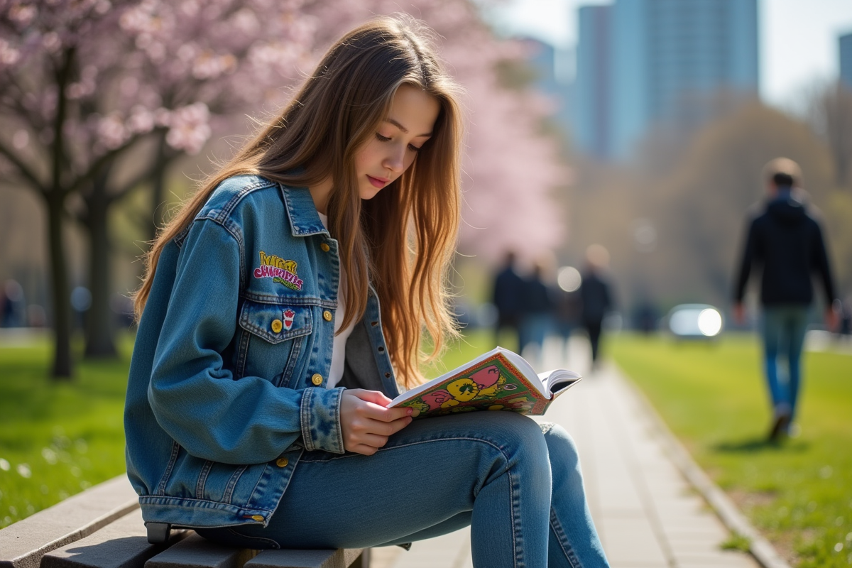 Adolescent lisant un zine dans un parc urbain