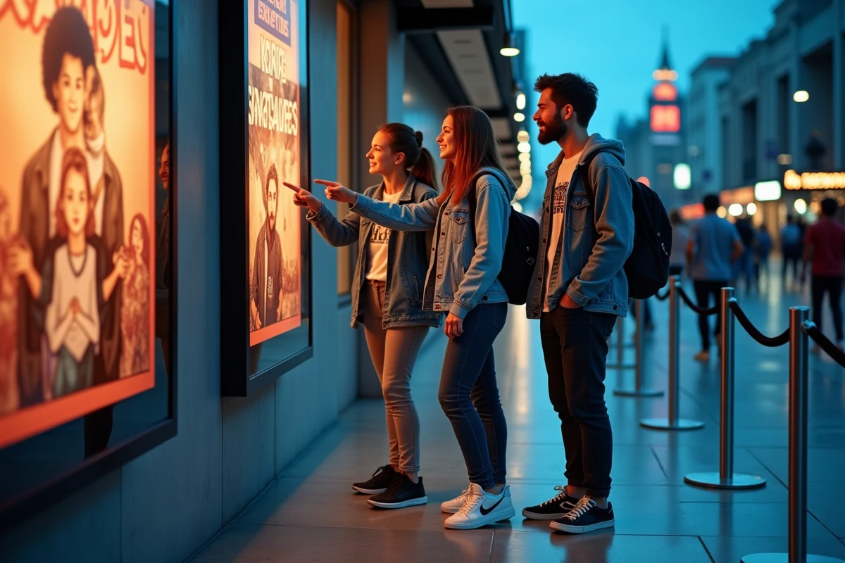 Groupe d'amis devant une affiche de film de James Funn à l'extérieur d'un cinéma moderne