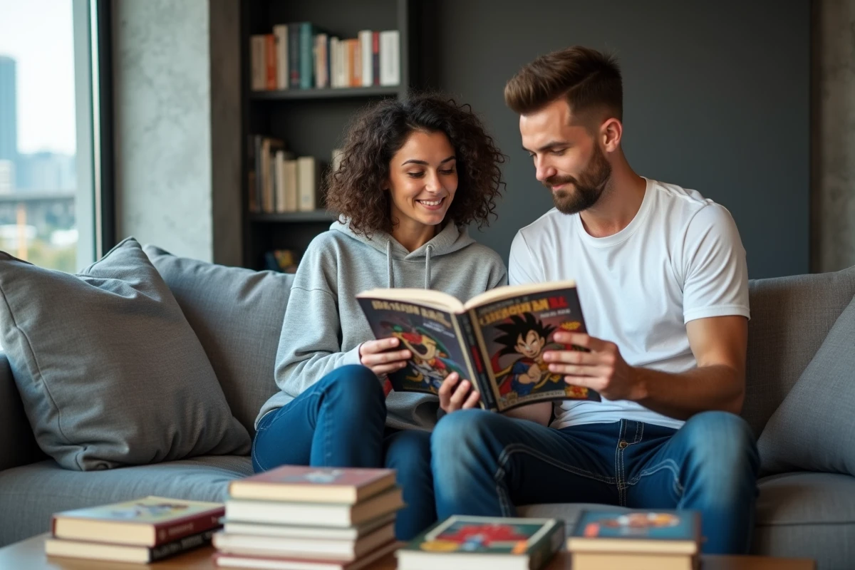 Deux amis adultes comparant des volumes de manga Dragon Ball sur un canapé dans un salon moderne