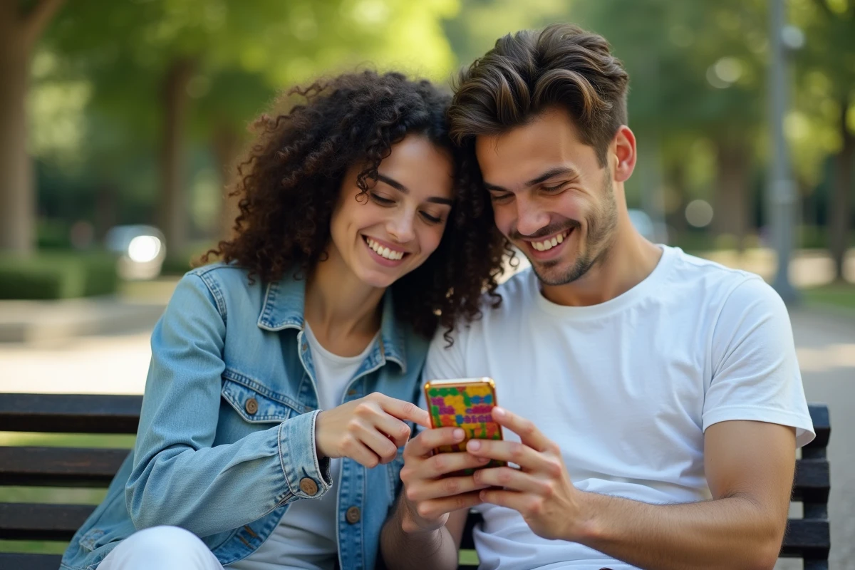 Deux amis débutants jouant ensemble à Candy Crush sur smartphone dans un parc urbain