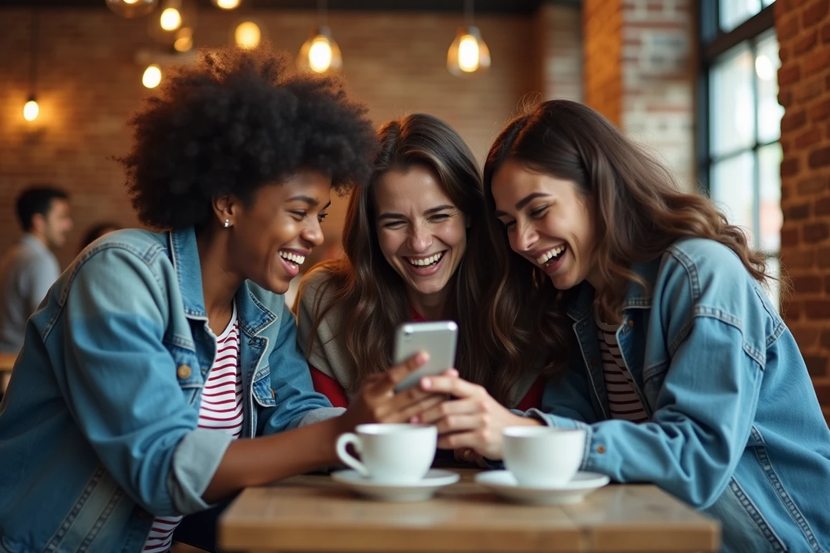 Groupe d'amis riant ensemble autour d'un gif anniversaire rigolo sur WhatsApp dans un café