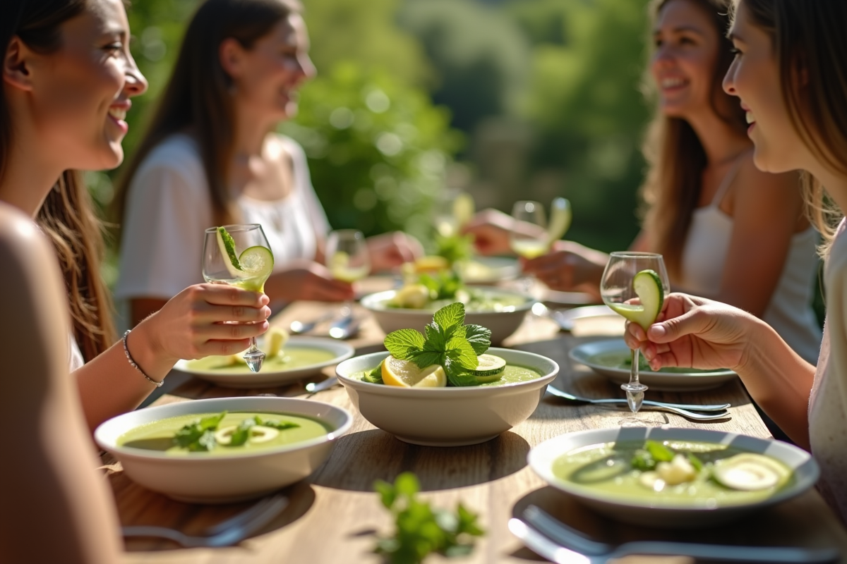 Groupe d amis dégustant du gazpacho de courgette en extérieur