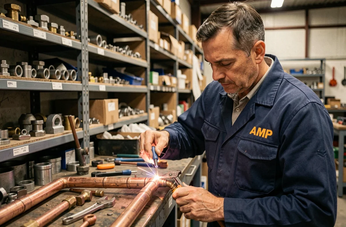 Plombier d'AMP Aubervilliers soudant un raccord en cuivre dans un atelier professionnel