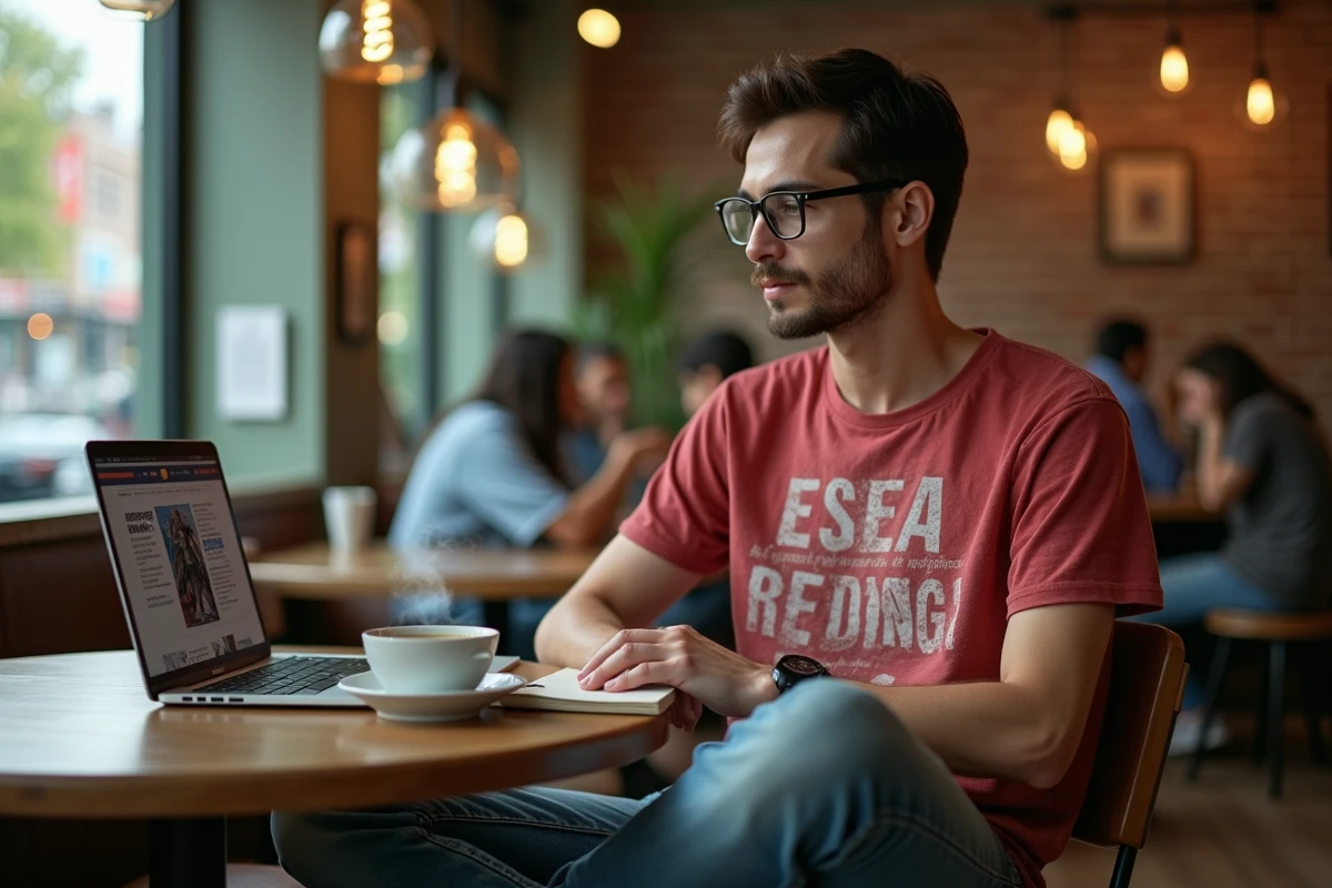Jeune homme analysant le récap du chapitre One Piece 1149 sur ordinateur dans un café