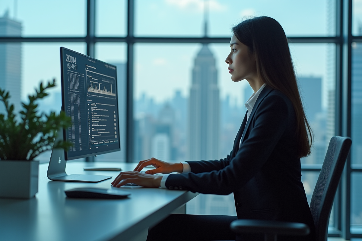 Jeune femme analyste étudiant des données en laboratoire futuriste