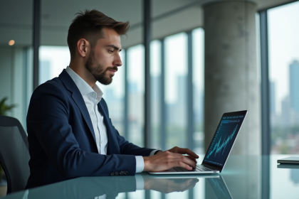 Jeune homme en costume analyse des graphiques au bureau