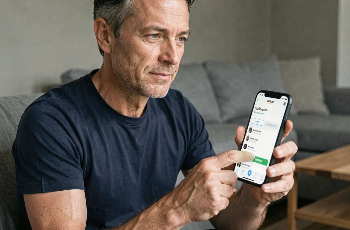 Homme gérant la résiliation de son abonnement Amazon Prime sur smartphone dans un salon