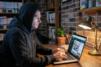 Homme en sweat sombre naviguant anonymement sur un site de lecture de manga depuis un bureau à domicile avec VPN activé