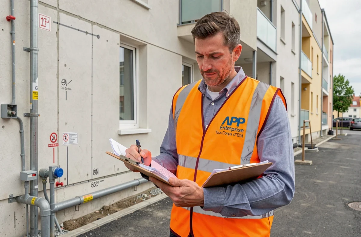 Entrepreneur APP Tous Corps d'État devant un immeuble neuf en Seine-Saint-Denis avec documents de suivi de chantier
