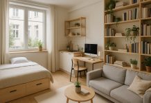 Photo d'un studio moderne avec mobilier multifonctionnel lumineux