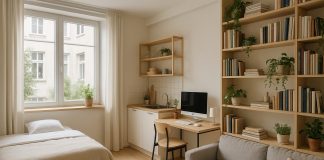 Photo d'un studio moderne avec mobilier multifonctionnel lumineux