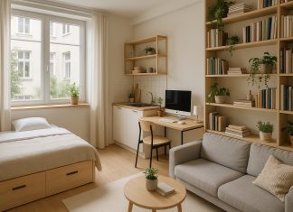 Photo d'un studio moderne avec mobilier multifonctionnel lumineux