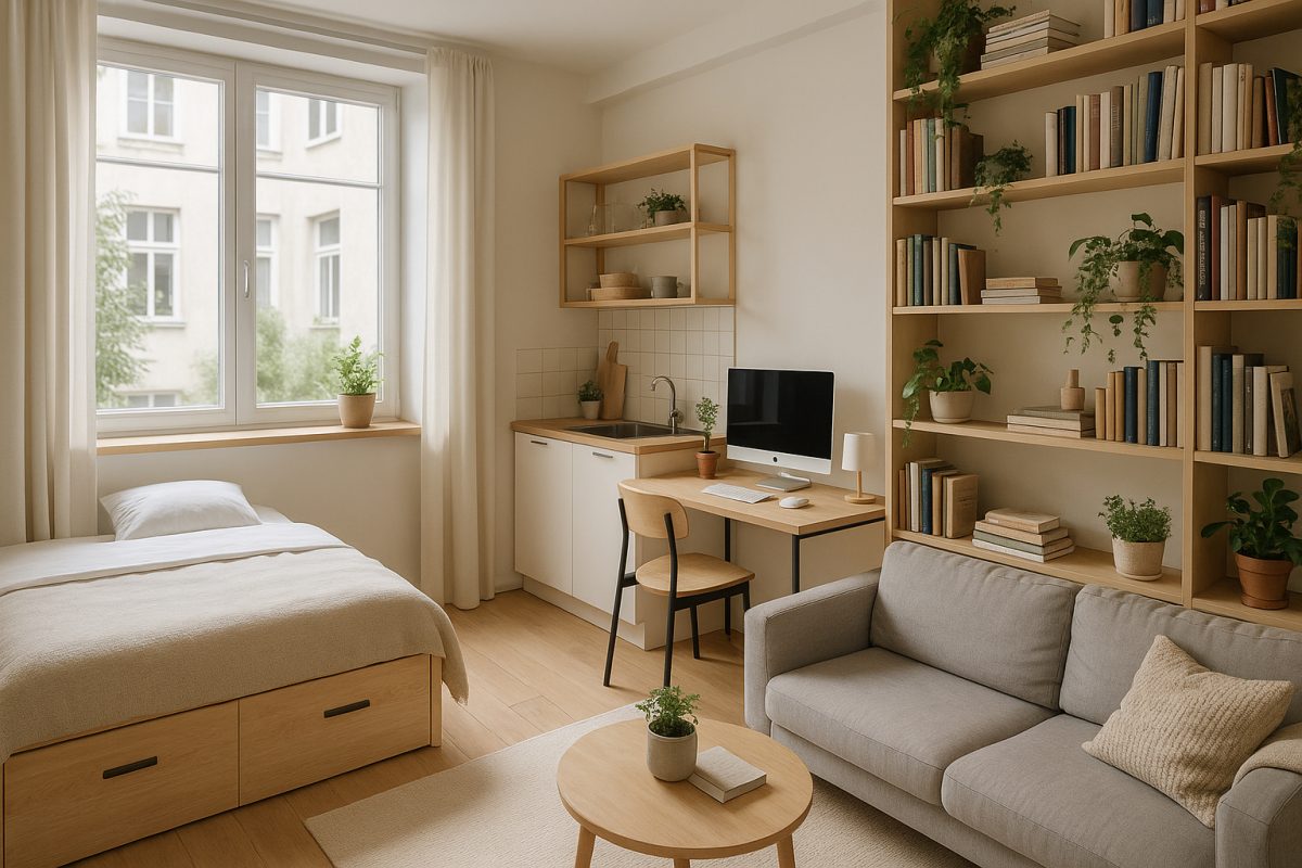 Photo d'un studio moderne avec mobilier multifonctionnel lumineux