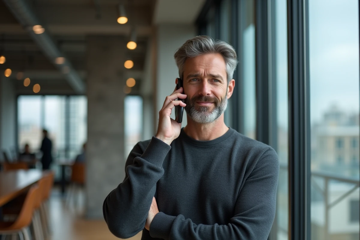 Homme en train d'appeler le service client Le Bon Coin depuis un espace de coworking moderne en 2026