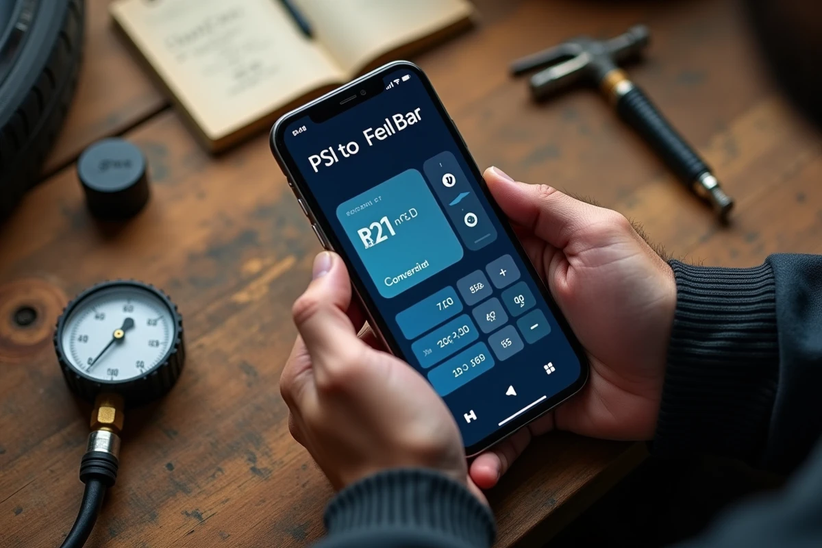 Mains tenant un smartphone affichant une application de conversion bar en PSI au-dessus d'un établi avec un manomètre et des notes manuscrites