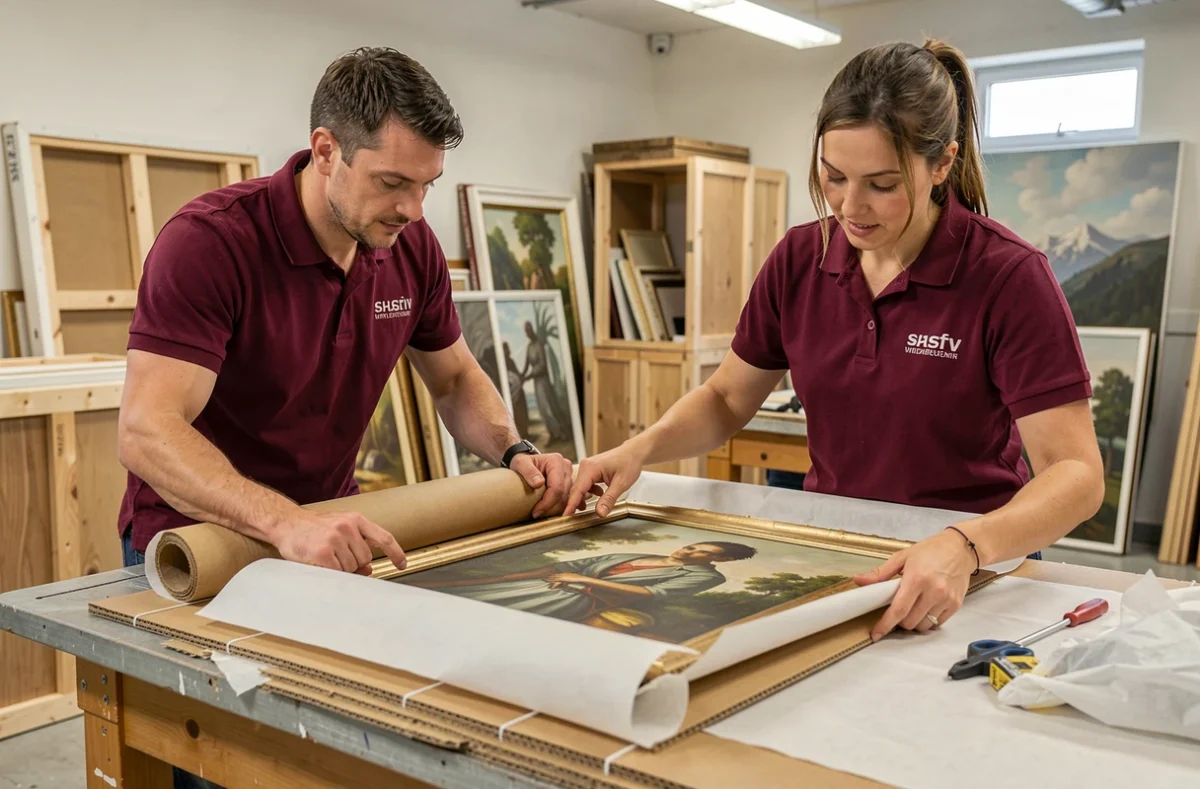 Équipe d'Arte Déménagement emballant soigneusement un tableau à l'huile dans un atelier d'emballage spécialisé en Isère