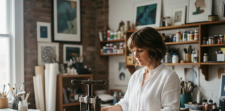 Femme créant un embossage sur papier dans son atelier