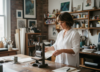 Quand le gaufrage devient un art personnel Femme créant un embossage sur papier dans son atelier