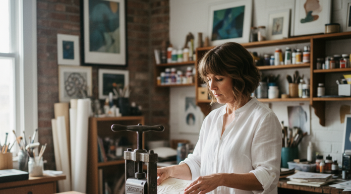Quand le gaufrage devient un art personnel Femme créant un embossage sur papier dans son atelier