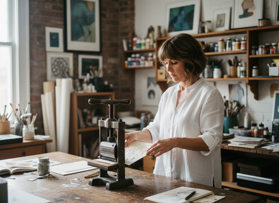 Femme créant un embossage sur papier dans son atelier
