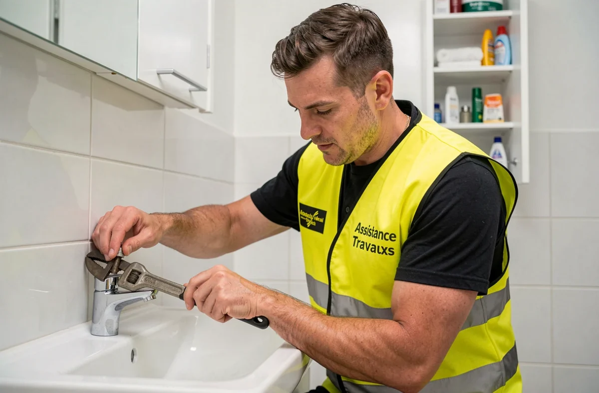 Technicien Assistance Ideal Travaux serrant un raccord sous un lavabo dans une salle de bain résidentielle