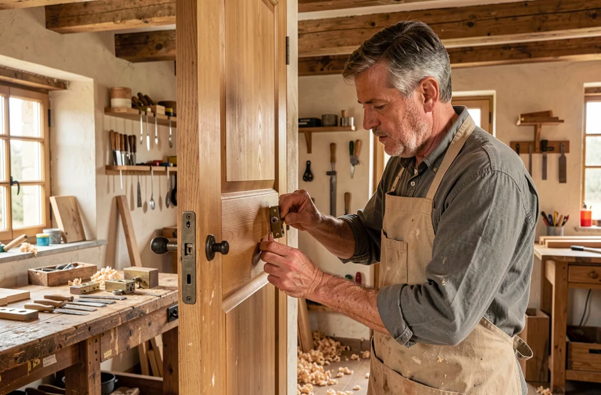 Artisan de l'Atelier Menuiserie-Serrurerie Jarnac posant une serrure sur une porte en chêne dans son atelier traditionnel