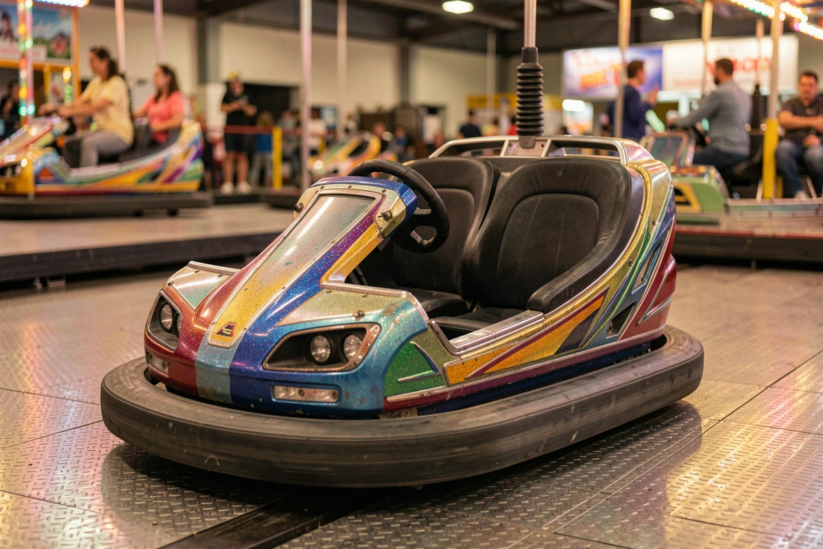 Auto tamponneuse colorée vue de près sur une piste de fête foraine, détails techniques visibles sur la carrosserie et le contacteur électrique
