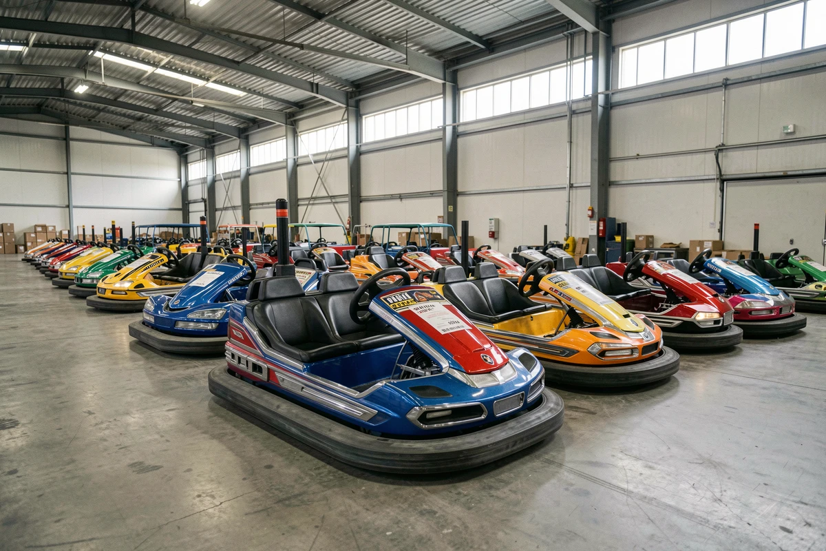 Rangée d'autos tamponneuses neuves en stock dans un entrepôt de distribution, différents modèles et coloris avec étiquettes de prix