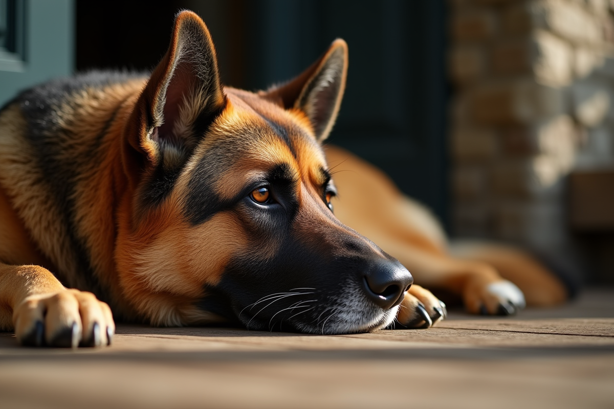 Chien berger allemand age reposant sur un porche douillet