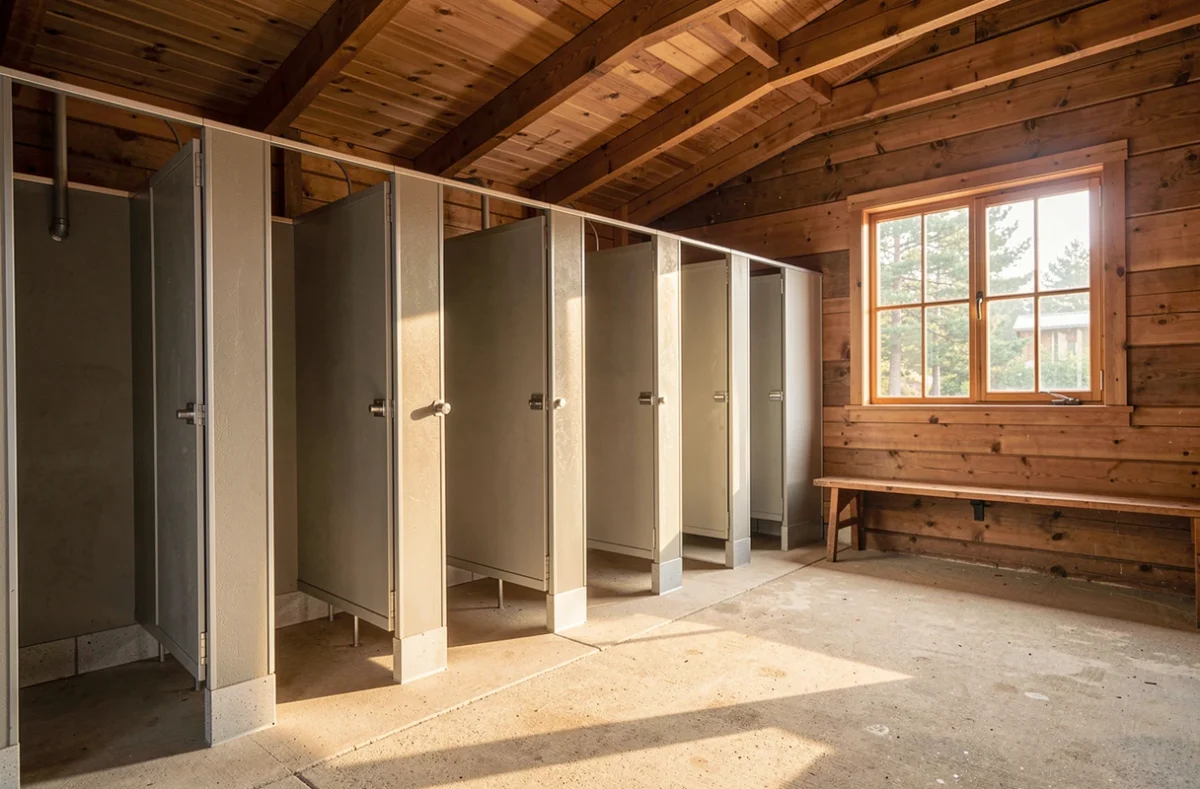 Bloc sanitaire de camping avec cabines de douche
