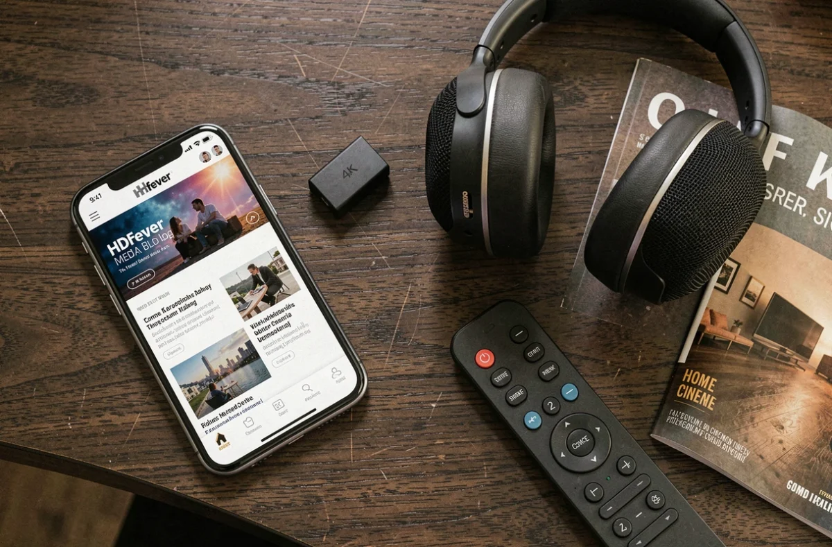 Flat-lay éditorial du blog Hdfever sur smartphone entouré d'accessoires home-cinéma haut de gamme en 2026