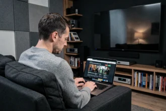 Homme consultant le blog home-cinéma Hdfever sur un ordinateur portable dans une salle de projection moderne en 2026