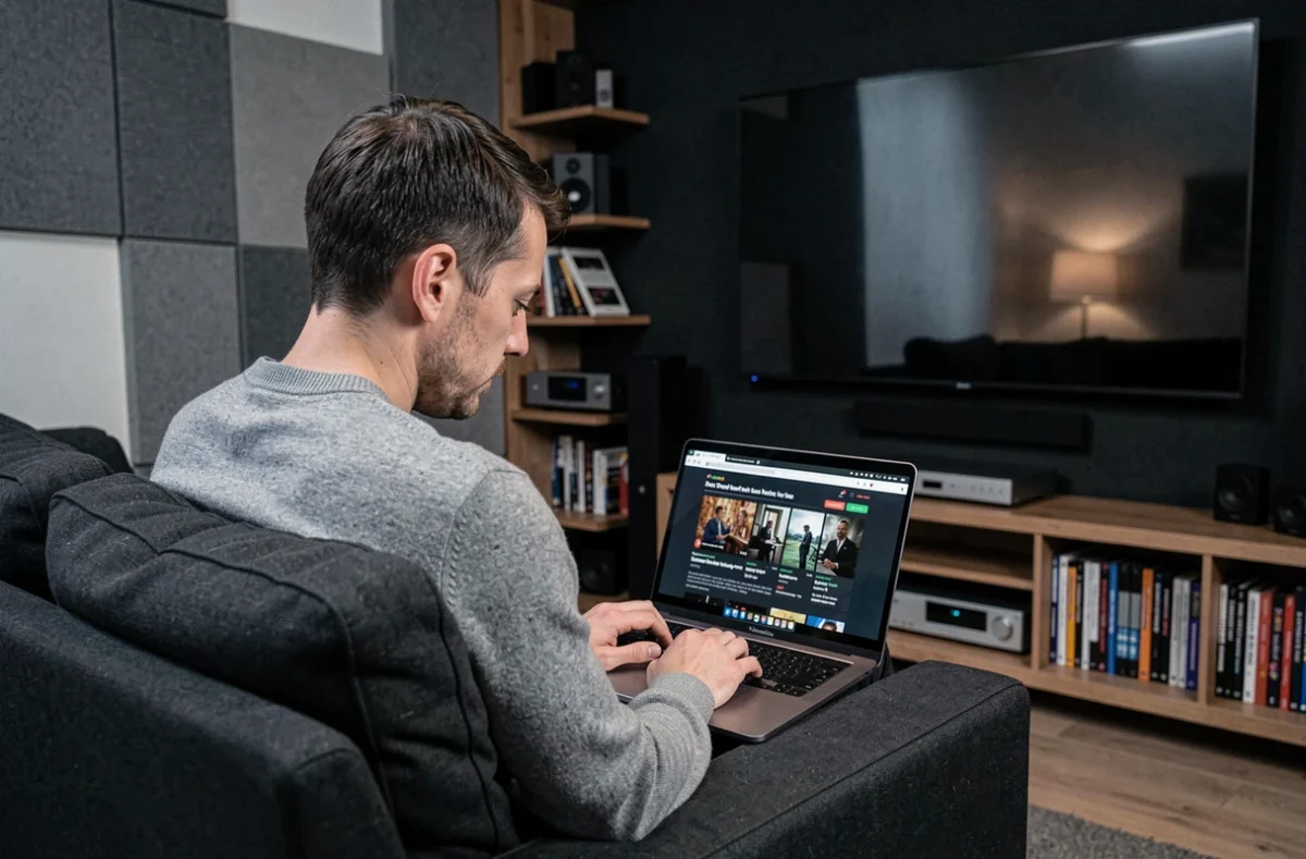 Homme consultant le blog home-cinéma Hdfever sur un ordinateur portable dans une salle de projection moderne en 2026