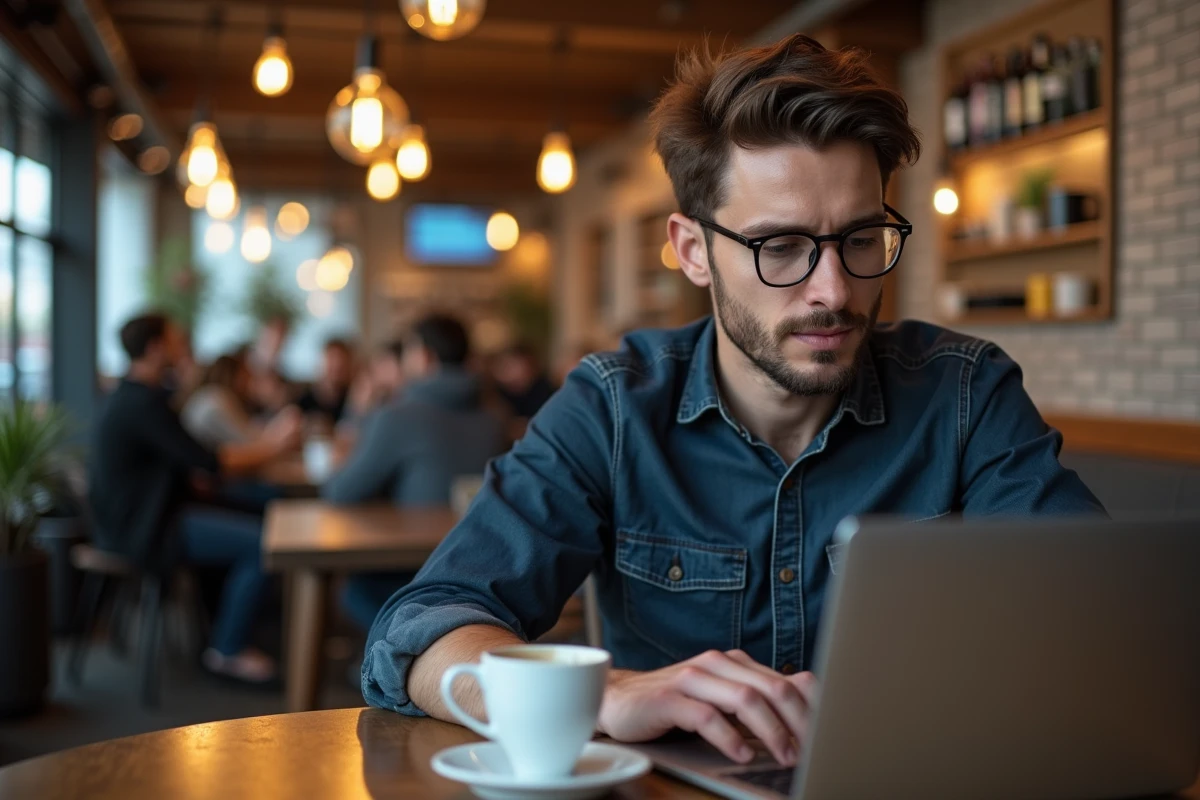 Blogueur masculin travaillant sur son blog dans un café urbain moderne avec un ordinateur portable et un café