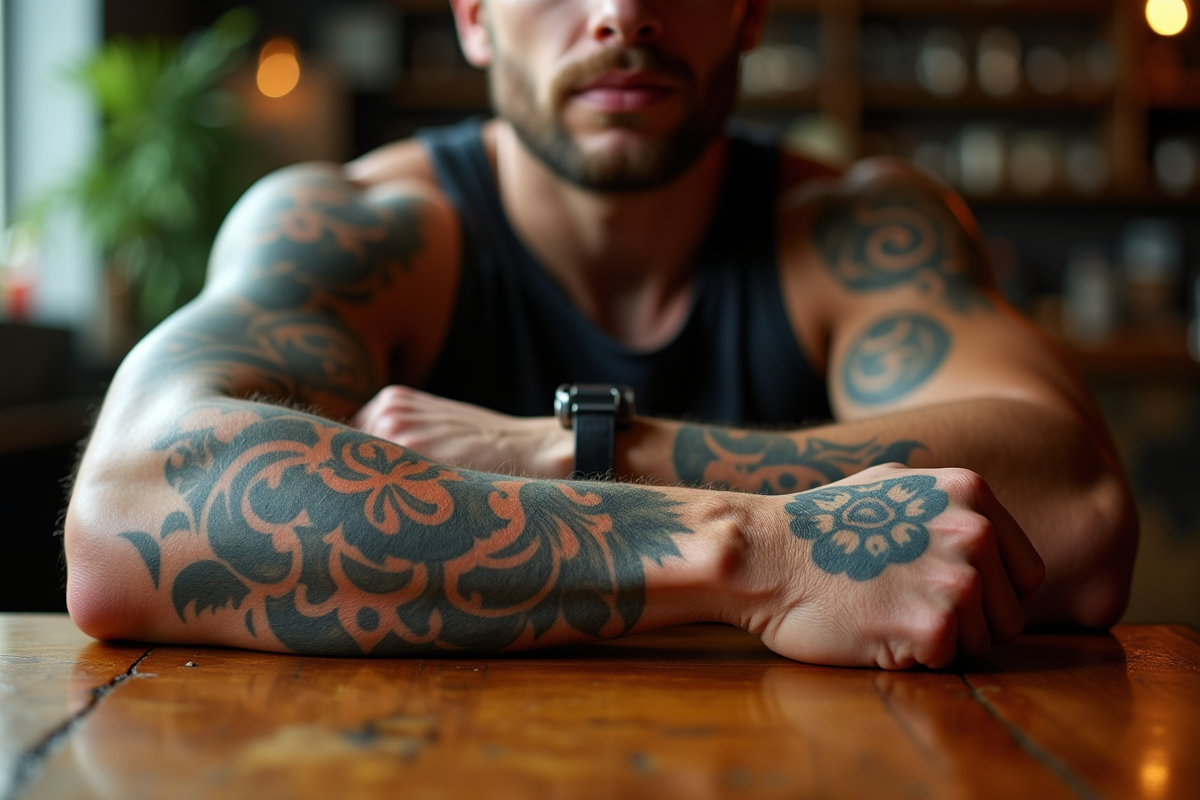 Bras musclé avec tatouages colorés sur table en intérieur