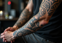 Bras d'un jeune homme avec tatouage noir et gris en studio