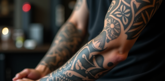 Bras d'un jeune homme avec tatouage noir et gris en studio