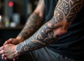 Bras d'un jeune homme avec tatouage noir et gris en studio