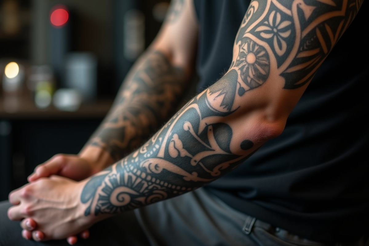 Bras d'un jeune homme avec tatouage noir et gris en studio