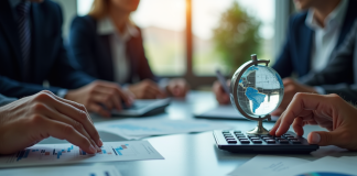 Bureau moderne avec graphiques financiers et globe