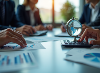 Bureau moderne avec graphiques financiers et globe