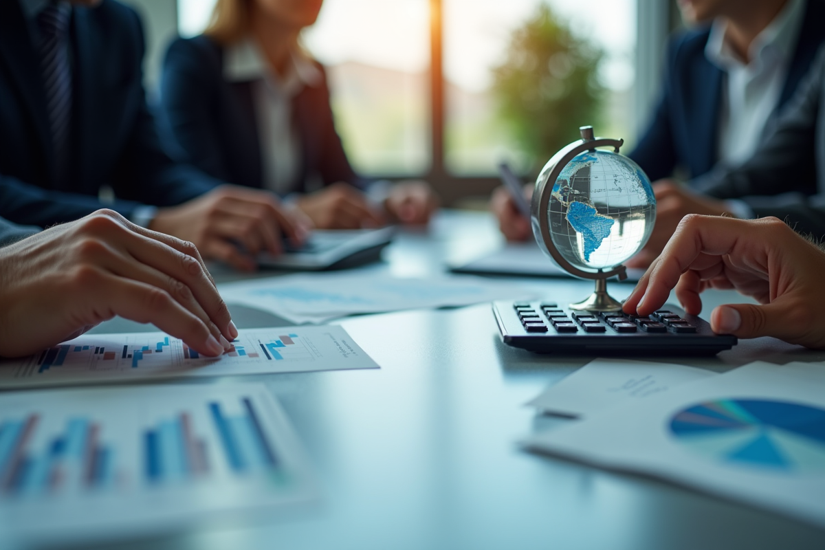 Bureau moderne avec graphiques financiers et globe