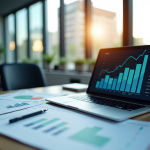 Espace de bureau moderne avec graphiques financiers et ordinateur