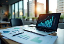 Espace de bureau moderne avec graphiques financiers et ordinateur